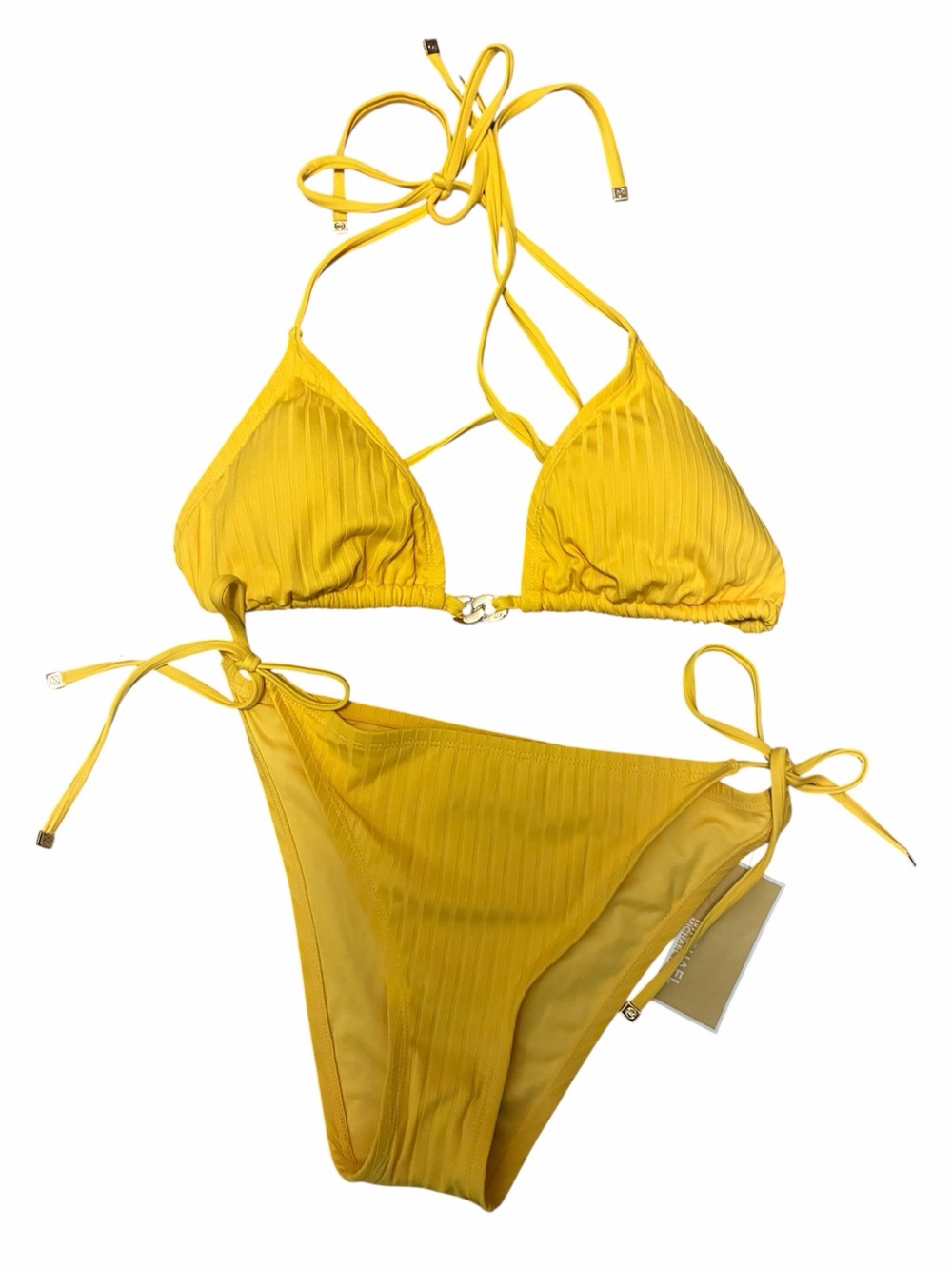 Michael Kors Yellow Ribbed Triangle Bikini Set Gold Hardware NWT Size Large - Picture 3 of 6